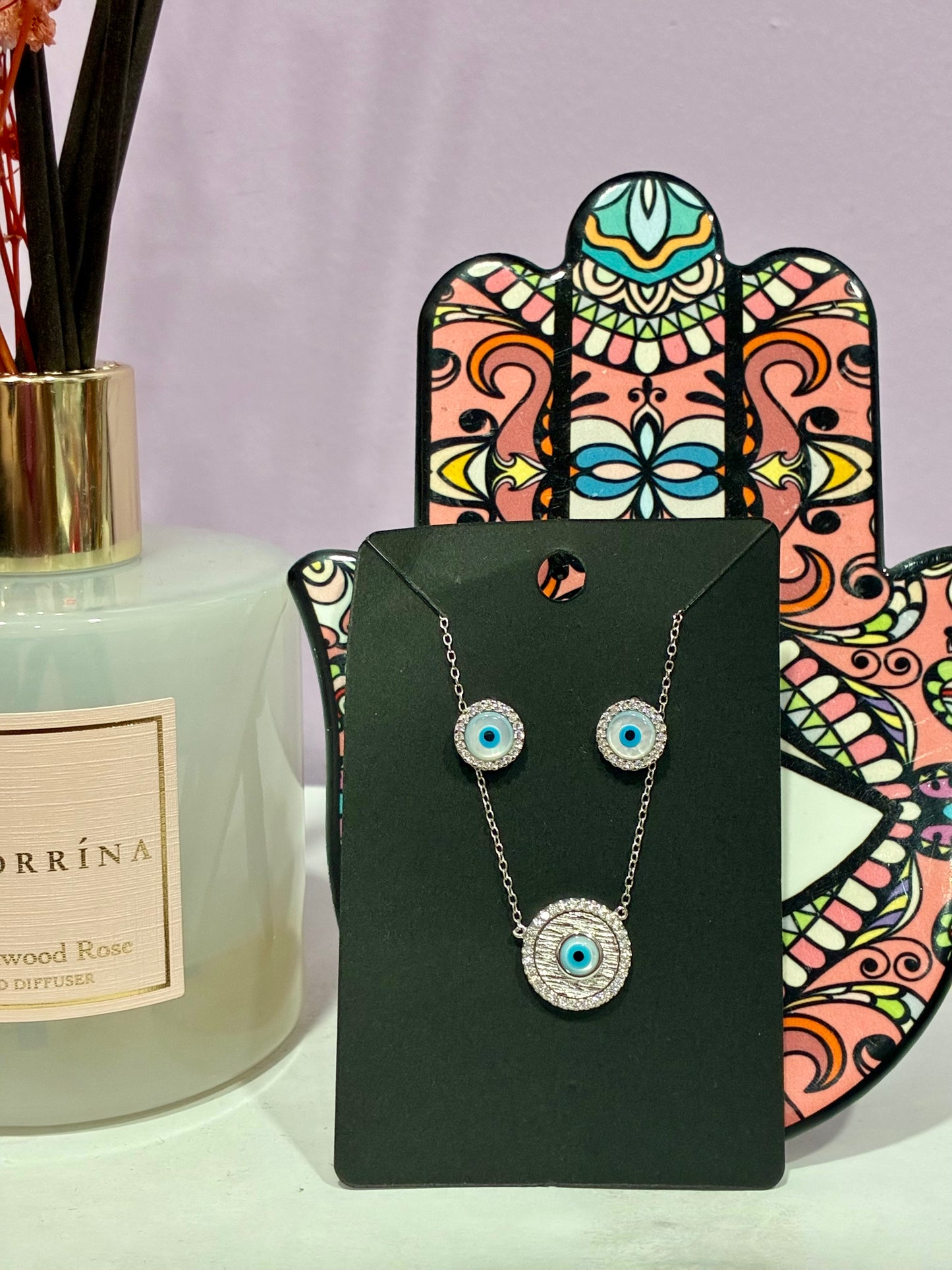 Big Blue + Opal Matching Earring & Necklace Evil Eye Set