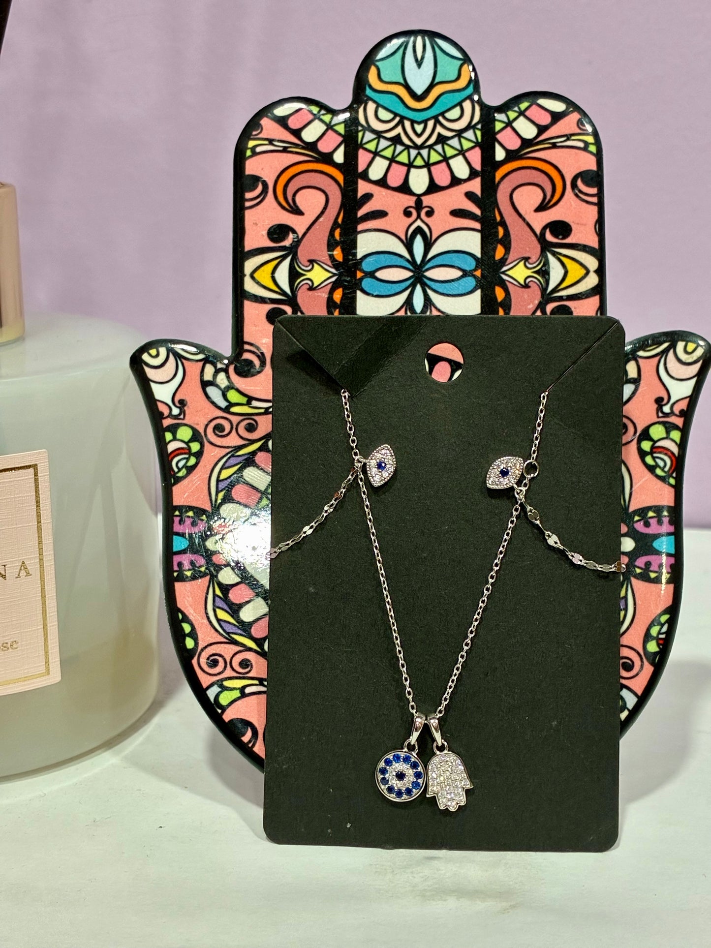 Matching Silver + Blue Evil Eye Necklace & Earrings