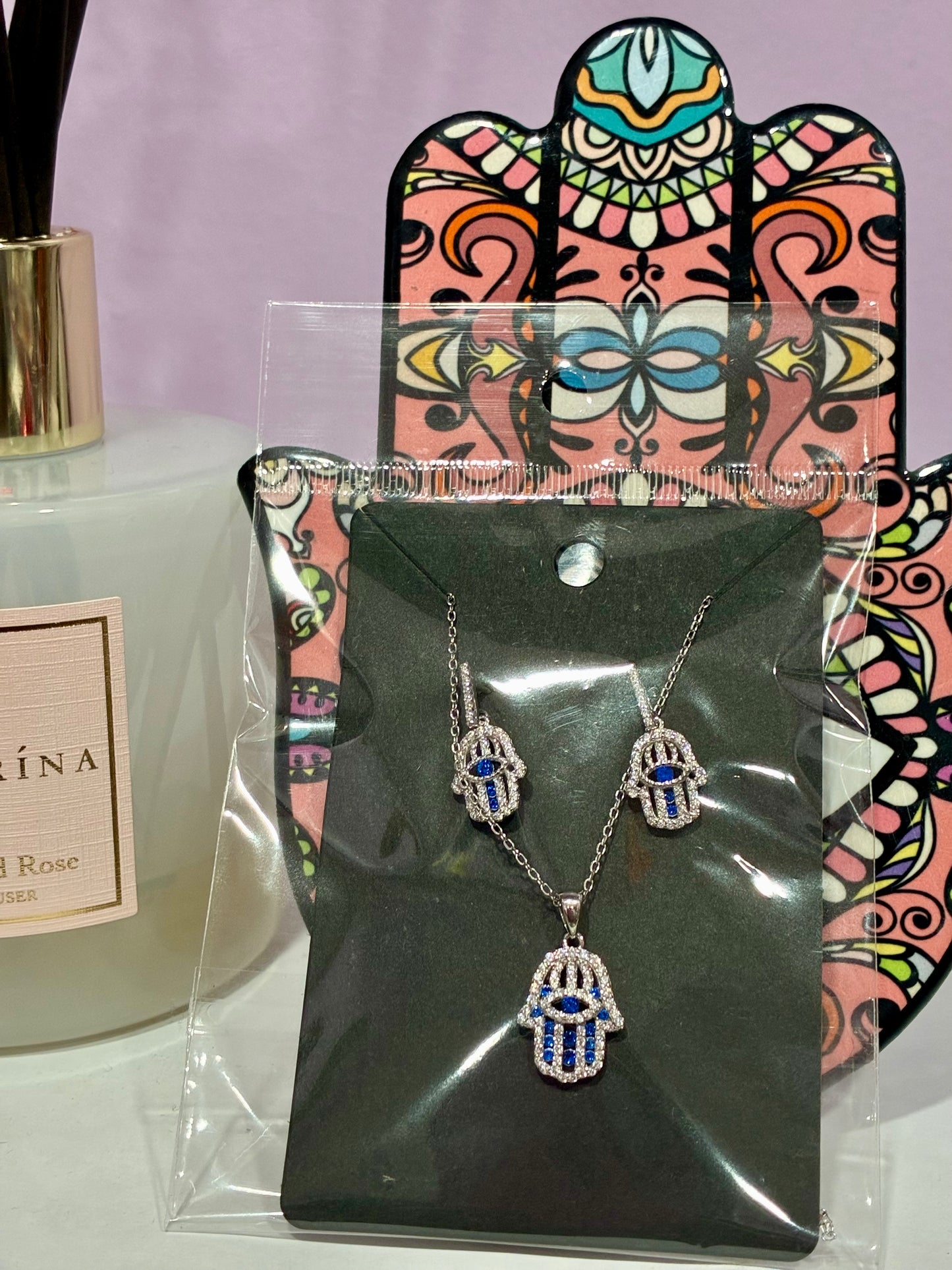 Hamsa Hand Dangly Earrings + Matching Silver Necklace
