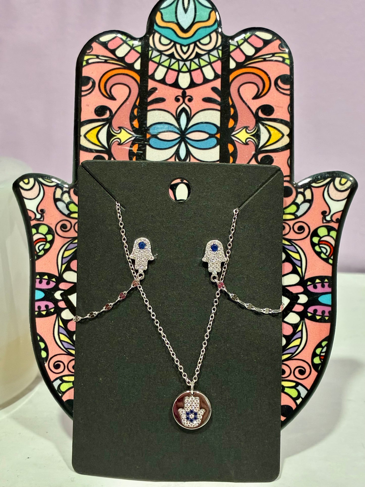 Hamsa Hand Silver Necklace with Matching Earrings