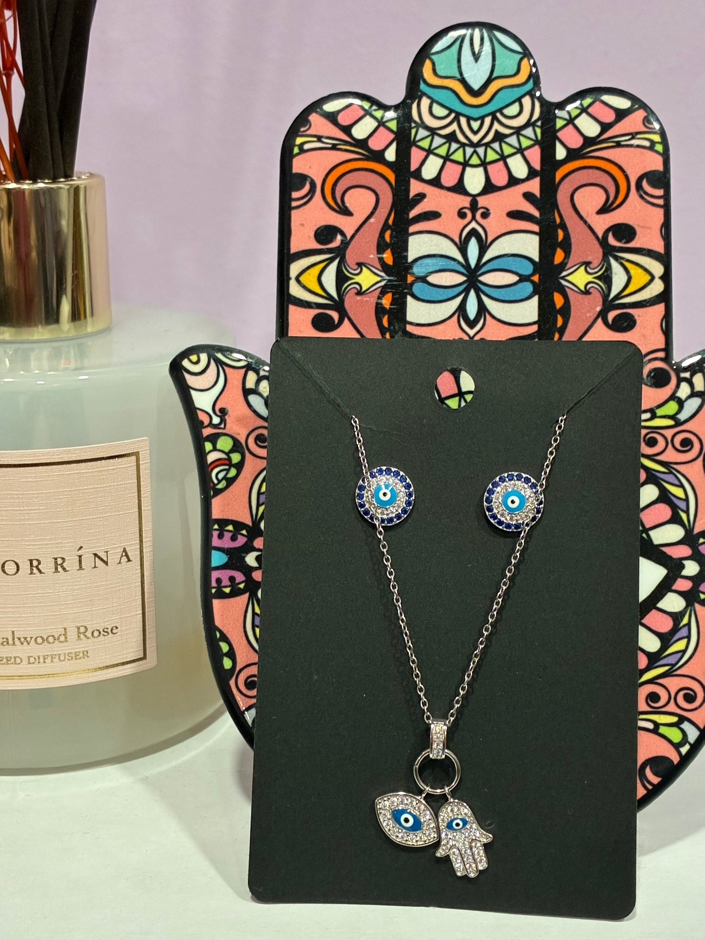 Evil Eye + Hamsa Silver Necklace & Matching Earrings