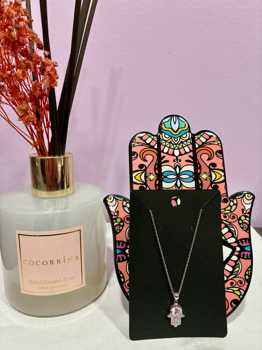 Beautiful Bedazzled Hamsa Hand Silver Necklace