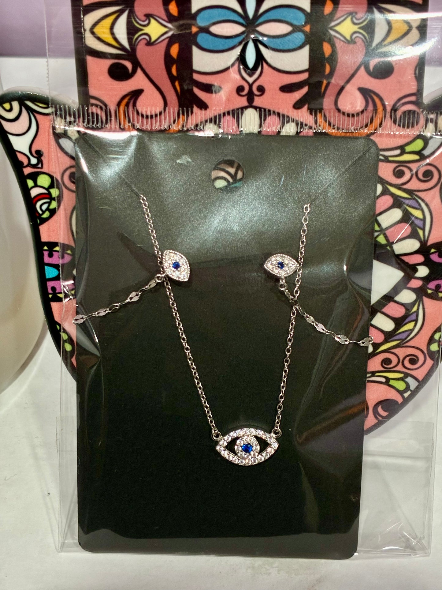 Silver Matching Earring & Necklace Evil Eye Set