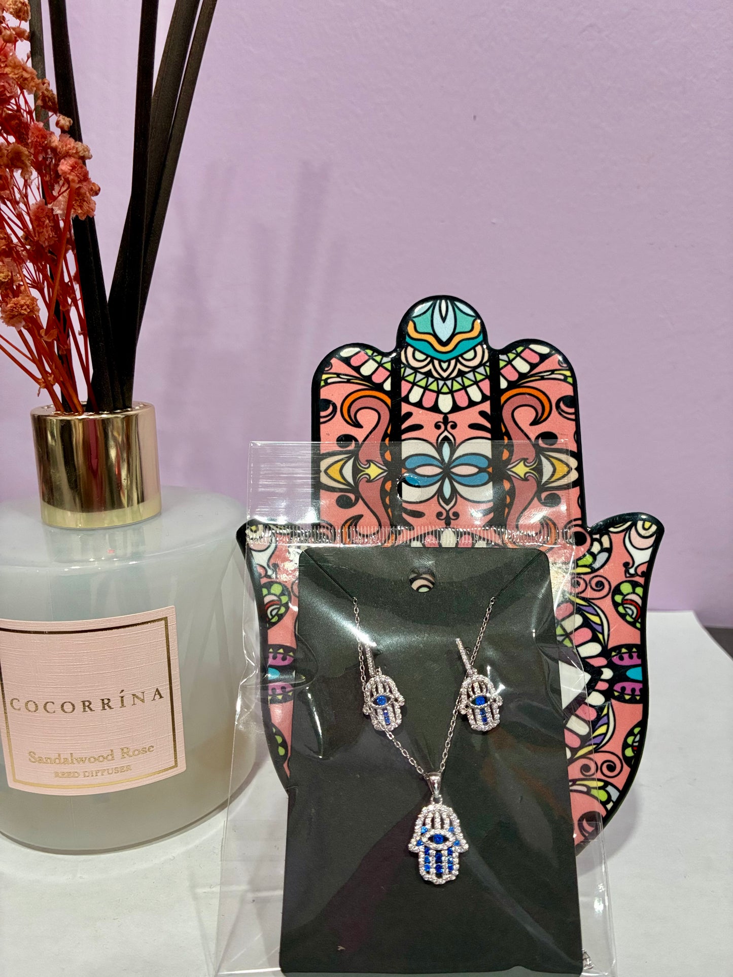 Hamsa Hand Dangly Earrings + Matching Silver Necklace