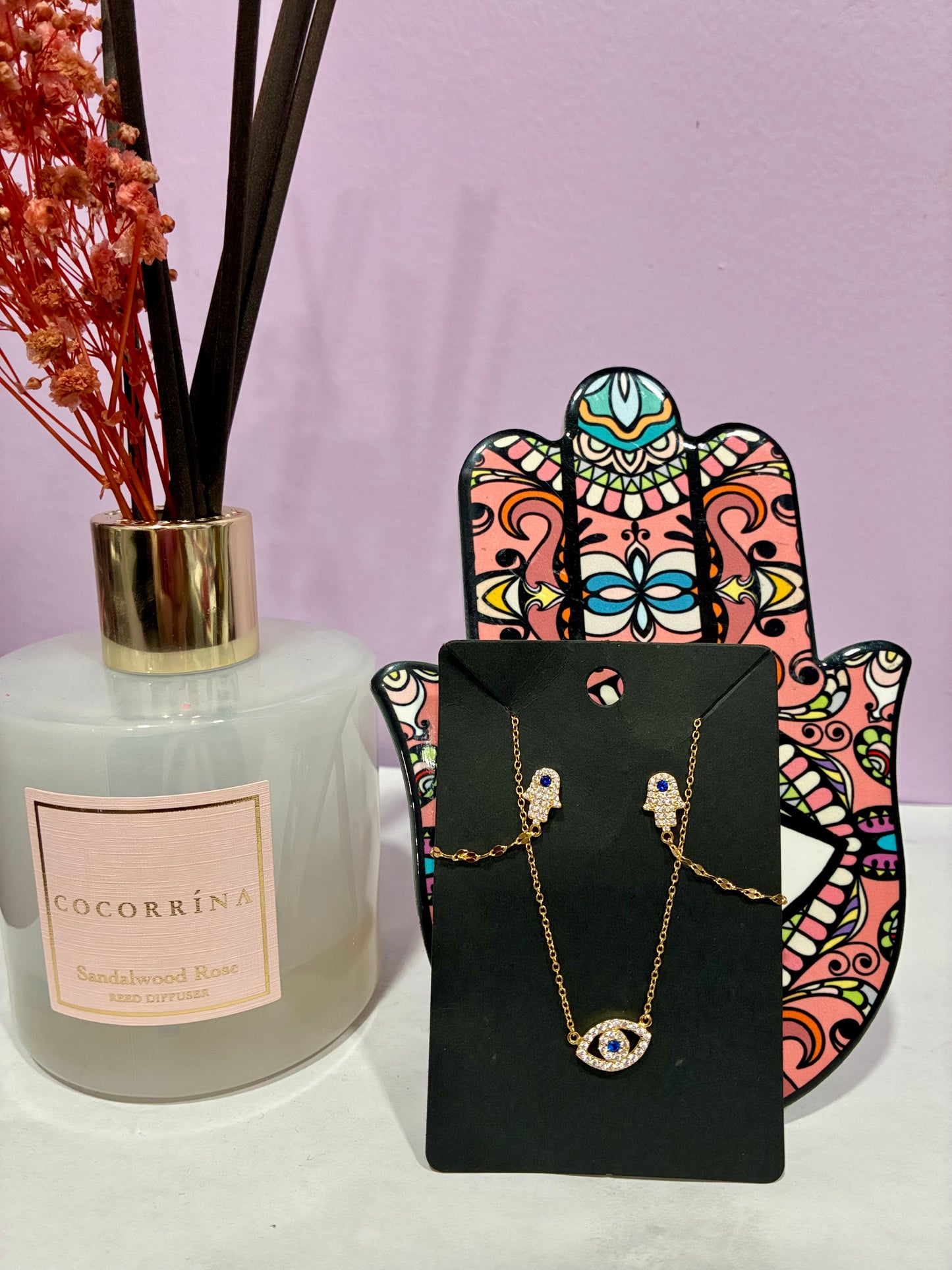 Gold Hamsa Hand + Evil Eye Matching Necklace & Earrings Set
