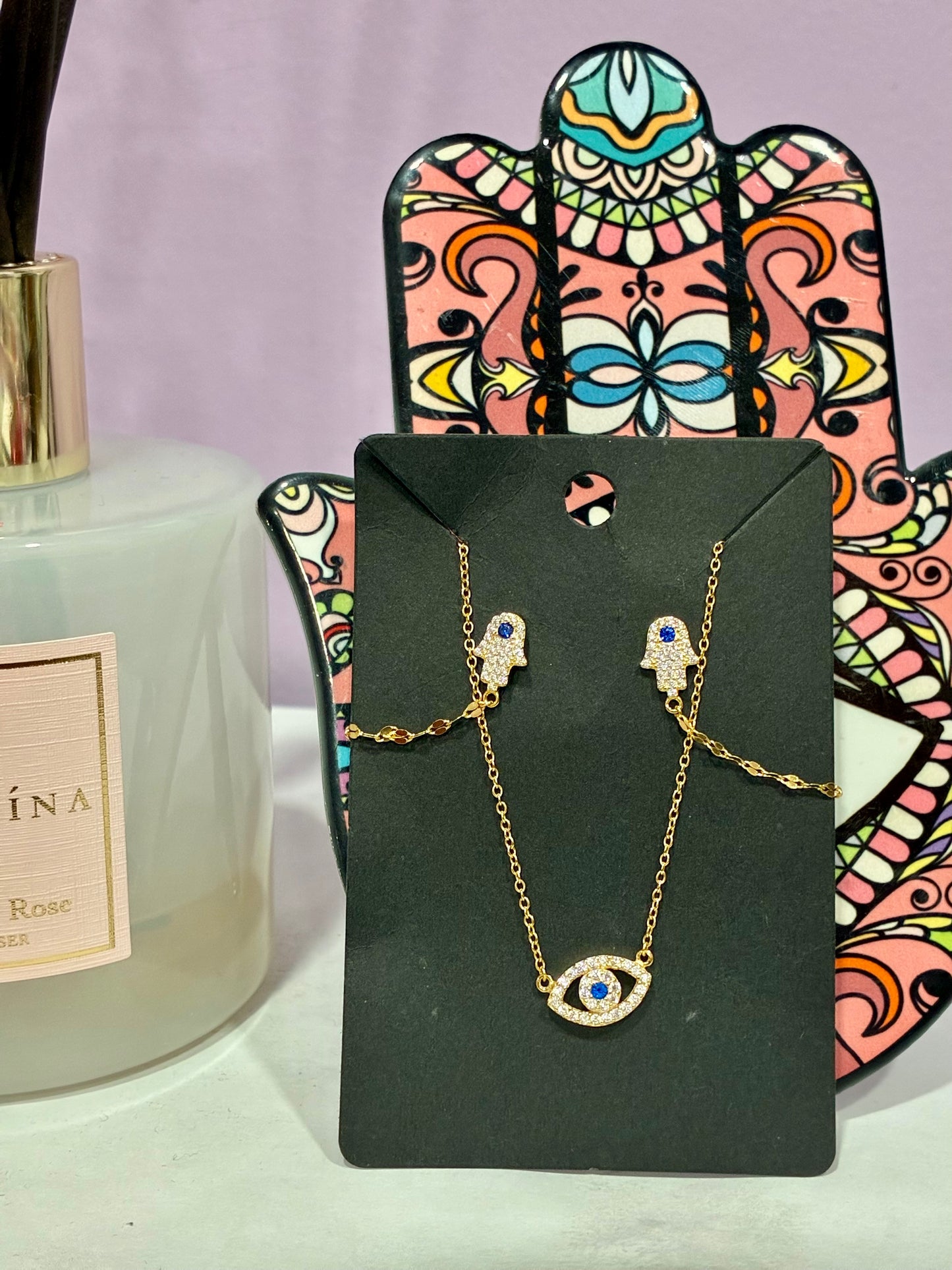 Gold Hamsa Hand + Evil Eye Matching Necklace & Earrings Set