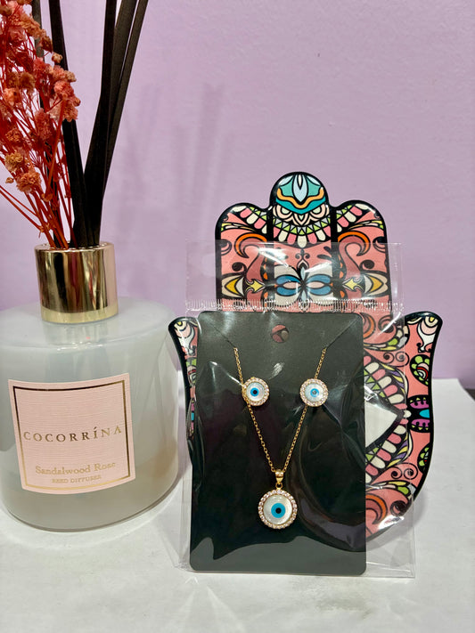Gold Bedazzled Evil Eye Necklace & Matching Earrings