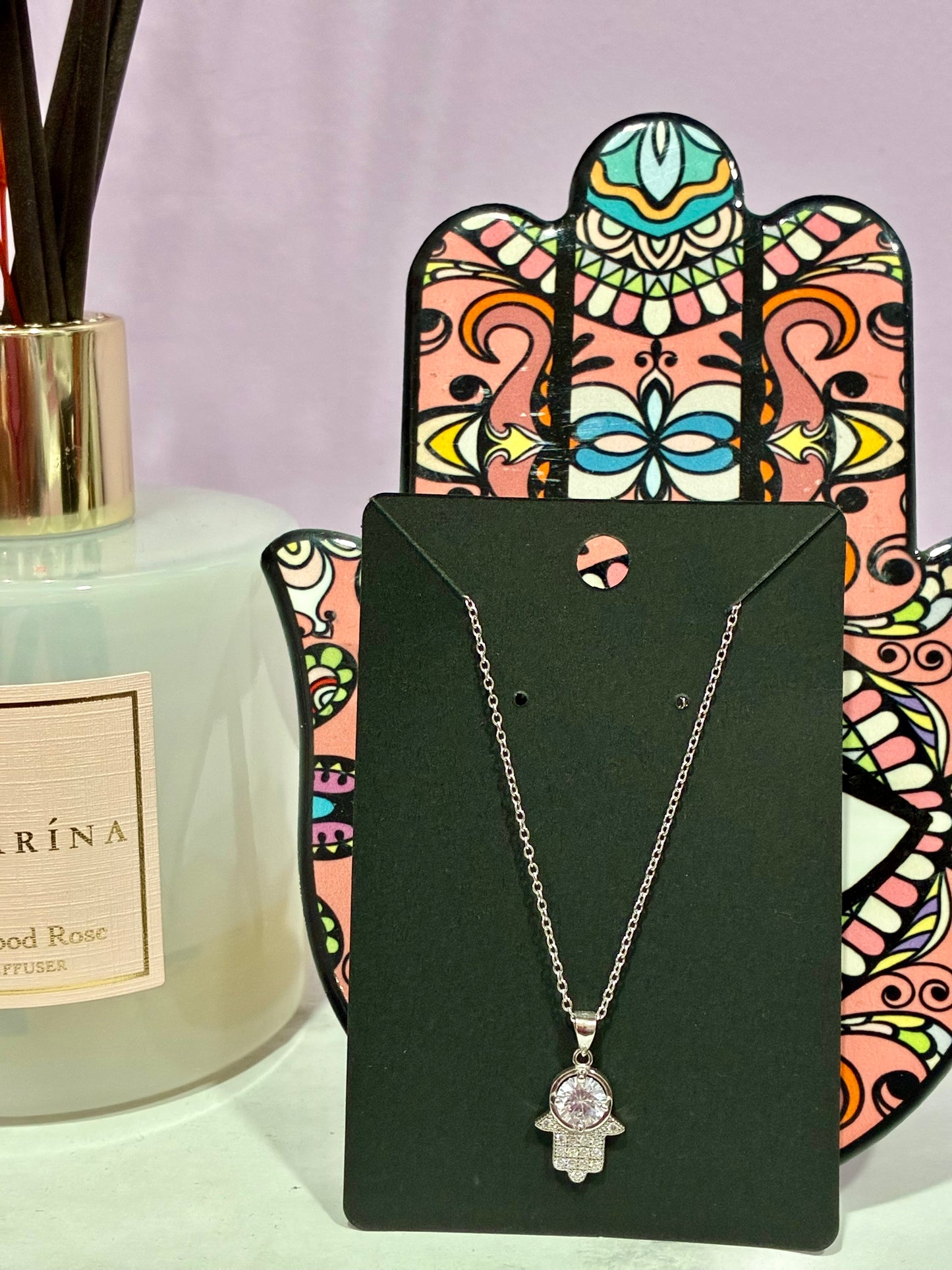 Beautiful Bedazzled Hamsa Hand Silver Necklace