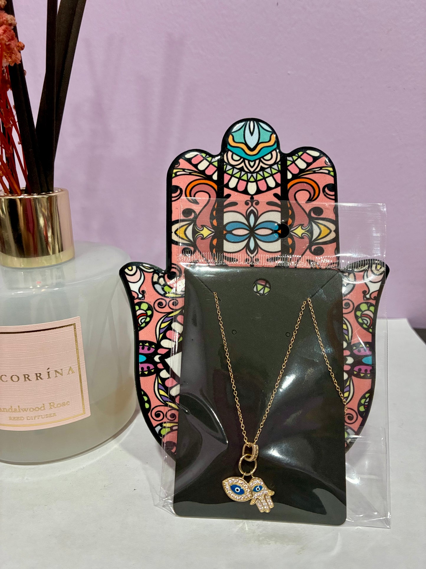 Gold Chain Necklace Dual Charm Hamsa Hand + Evil Eye