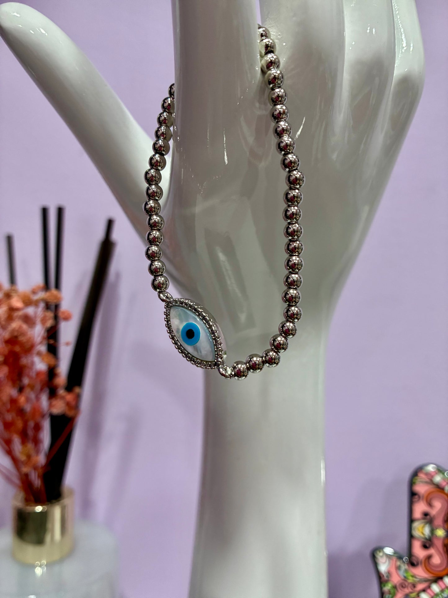 Silver Beaded Evil Eye Bracelet