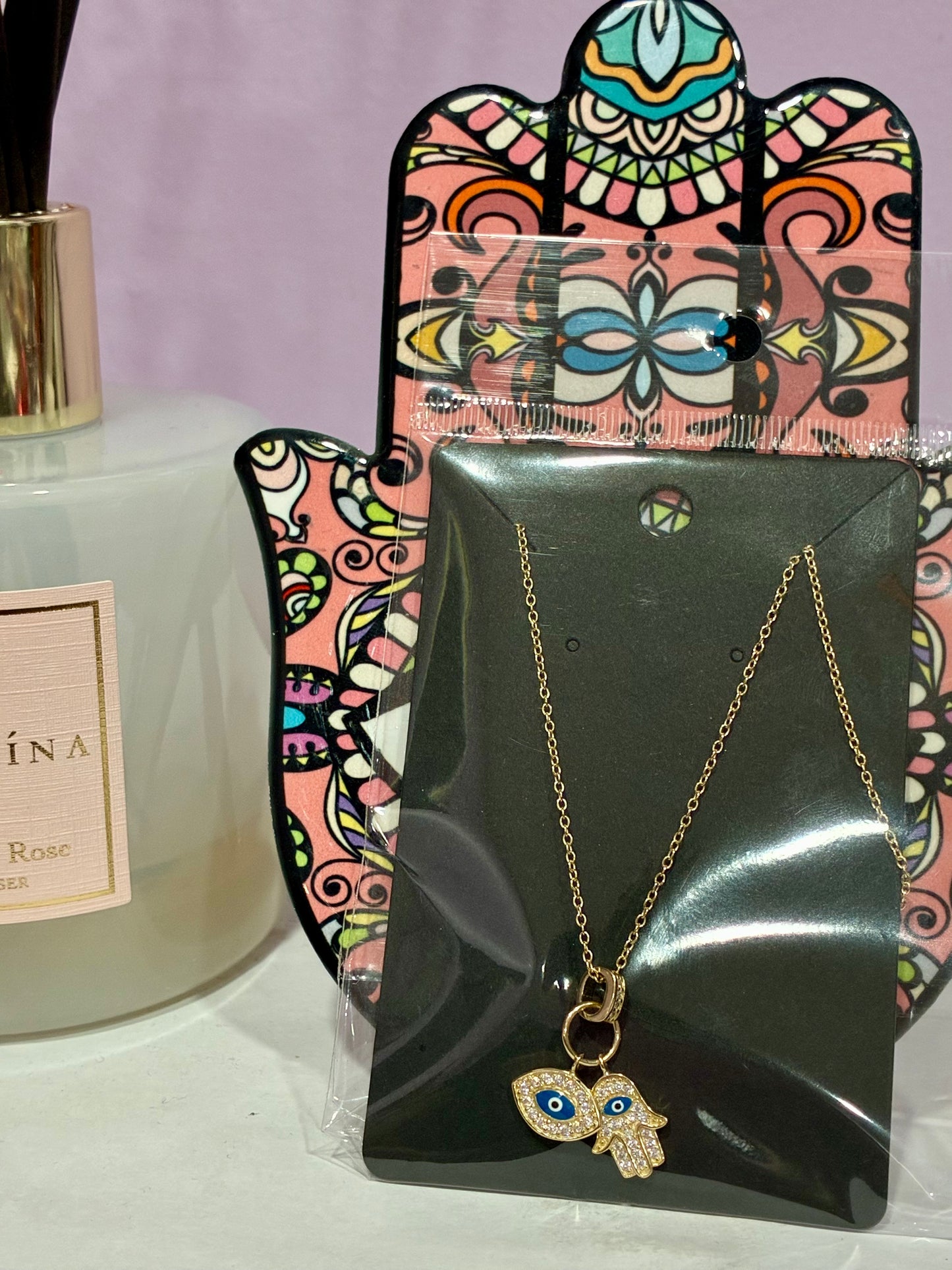 Gold Chain Necklace Dual Charm Hamsa Hand + Evil Eye