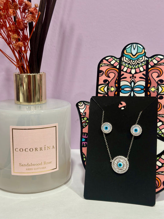 Silver Mini Evil Eye Necklace + Big Opal Evil Eye Earrings Set