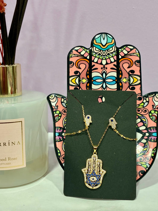 Hamza Large Necklace + Matching Earrings Set Gold