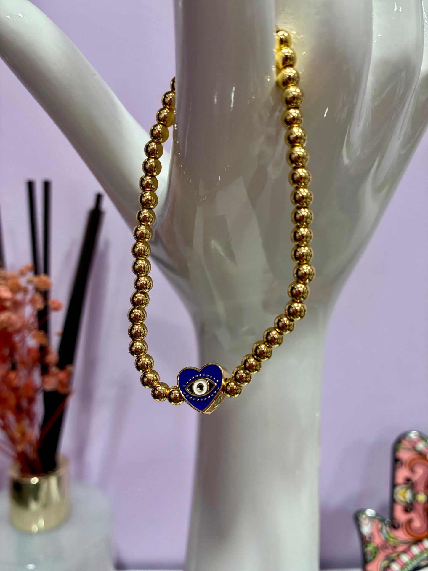 Gold beaded Evil Eye Heart Bracelet