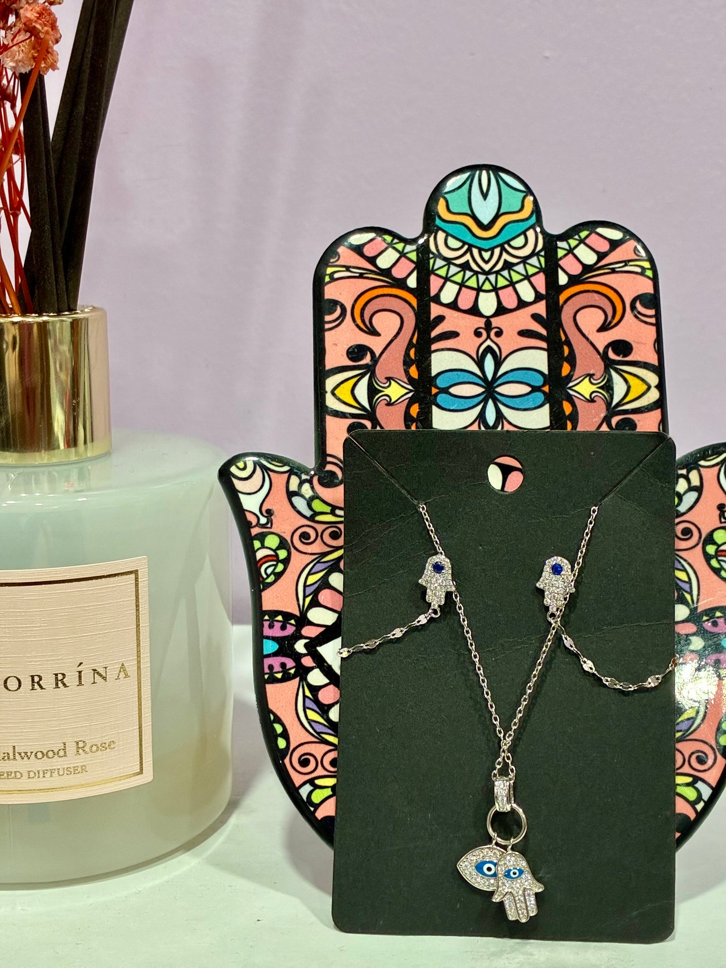 Hamsa + Evil Eye Matching Earrings & Necklace Set