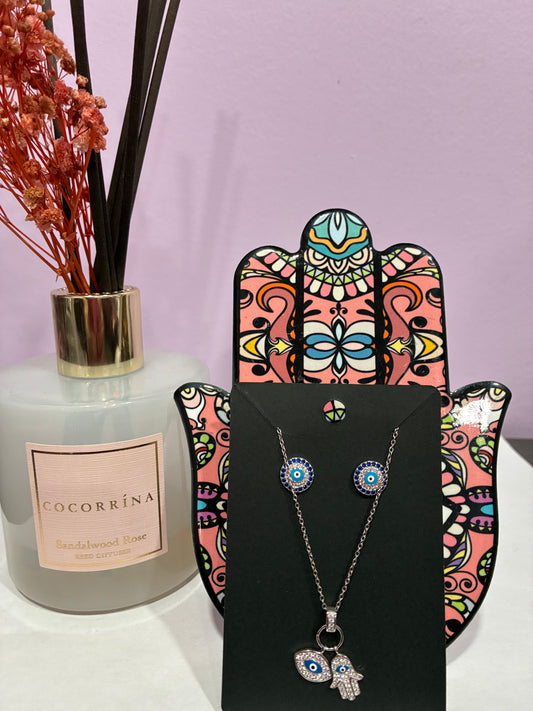 Evil Eye + Hamsa Silver Necklace & Matching Earrings