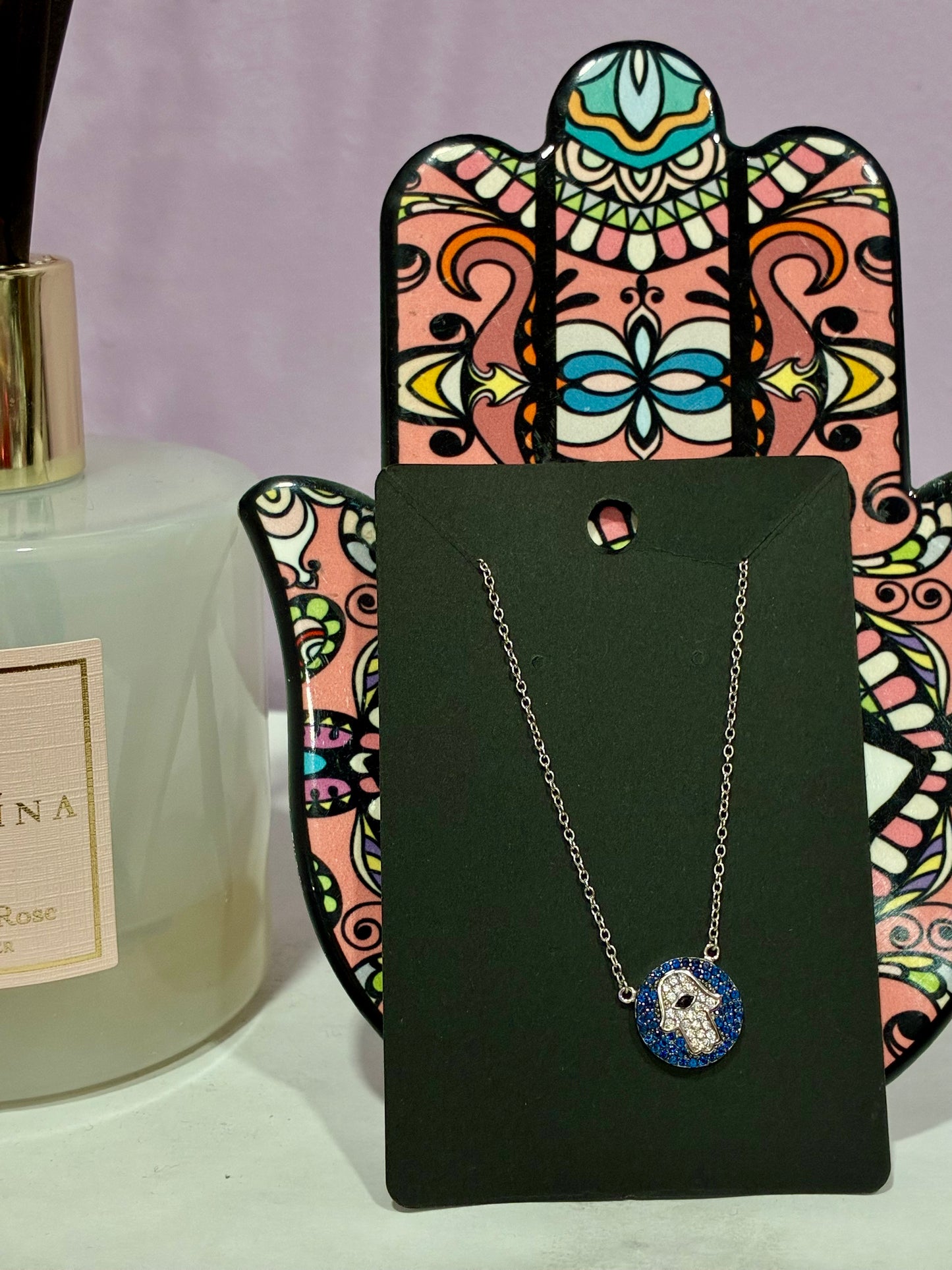 Silver Blue Hamsa Hand Dainty Necklace